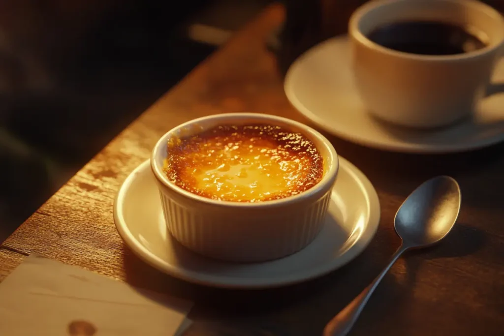 How is panna cotta different from crème brûlée? This image showcases a classic Crème brûlée in a ramekin with a cup of coffee.