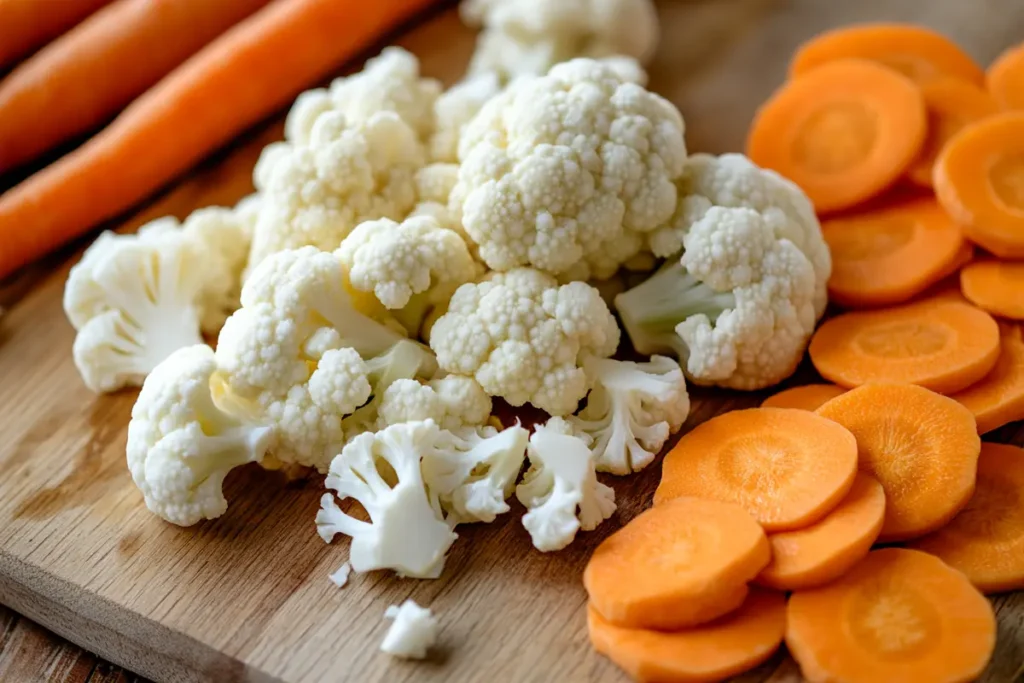 Fresh cauliflower florets and sliced carrots on a wooden cutting board, prepared for a delicious cauliflower and carrot bake recipe.