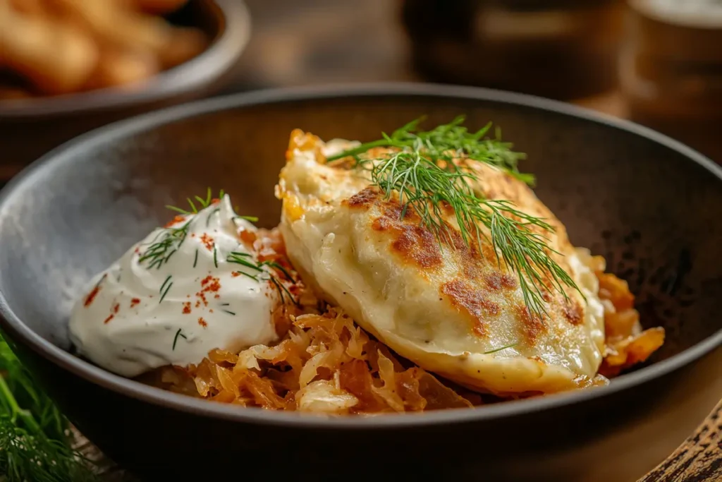 Hearty sauerkraut and mushroom pierogi served with sour cream and fresh dill, perfectly embodying what are the most popular pierogi flavors? in traditional Polish cuisine.