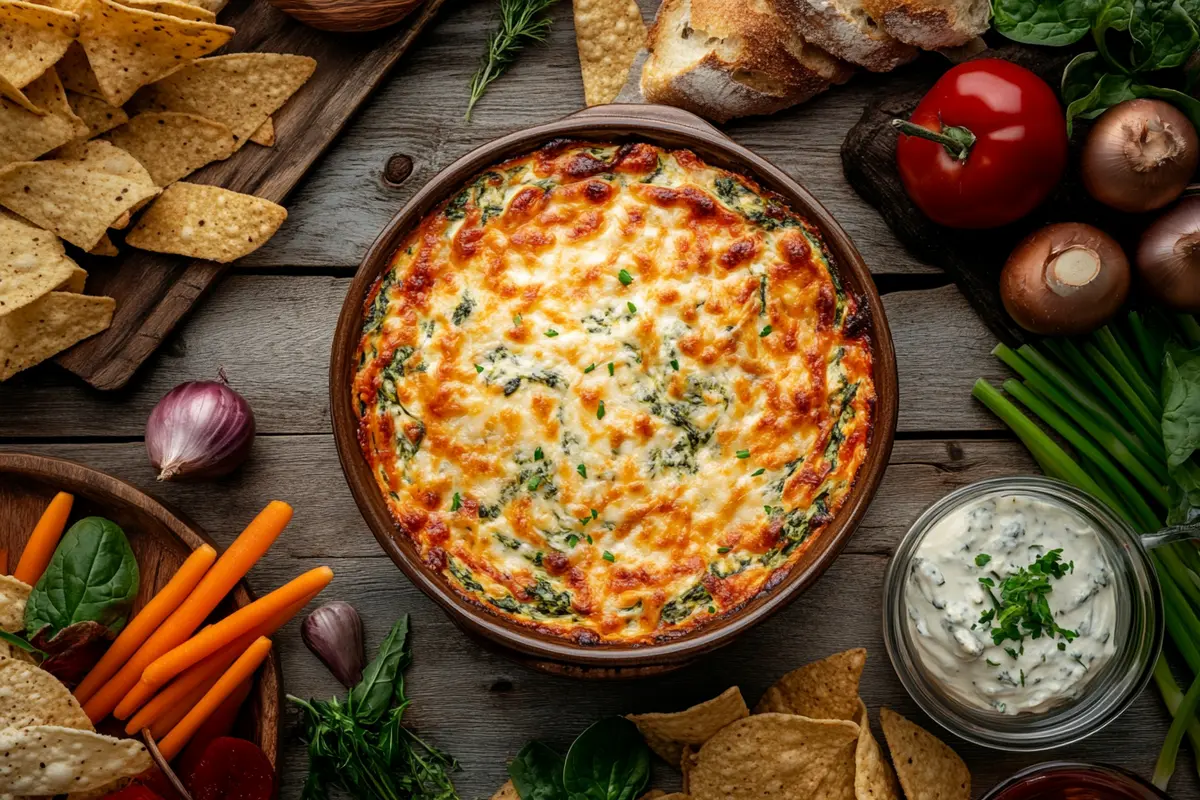 Hot and cold spinach dip served with fresh bread, tortilla chips, and vegetables, answering the question: Is spinach dip supposed to be heated up?