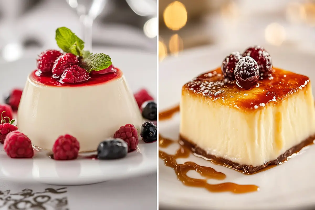 How is panna cotta different from crème brûlée? A side-by-side comparison highlighting the textural and topping distinctions.