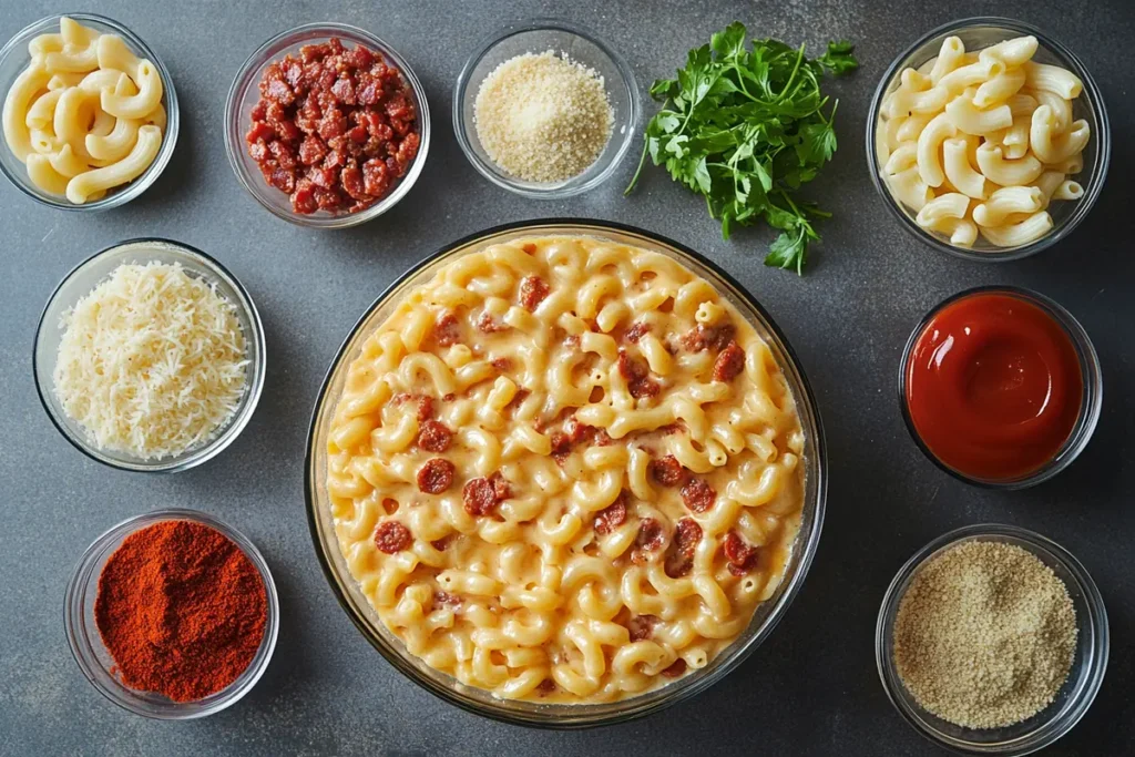 Overhead view of all ingredients laid out before how to make chorizo mac and cheese?