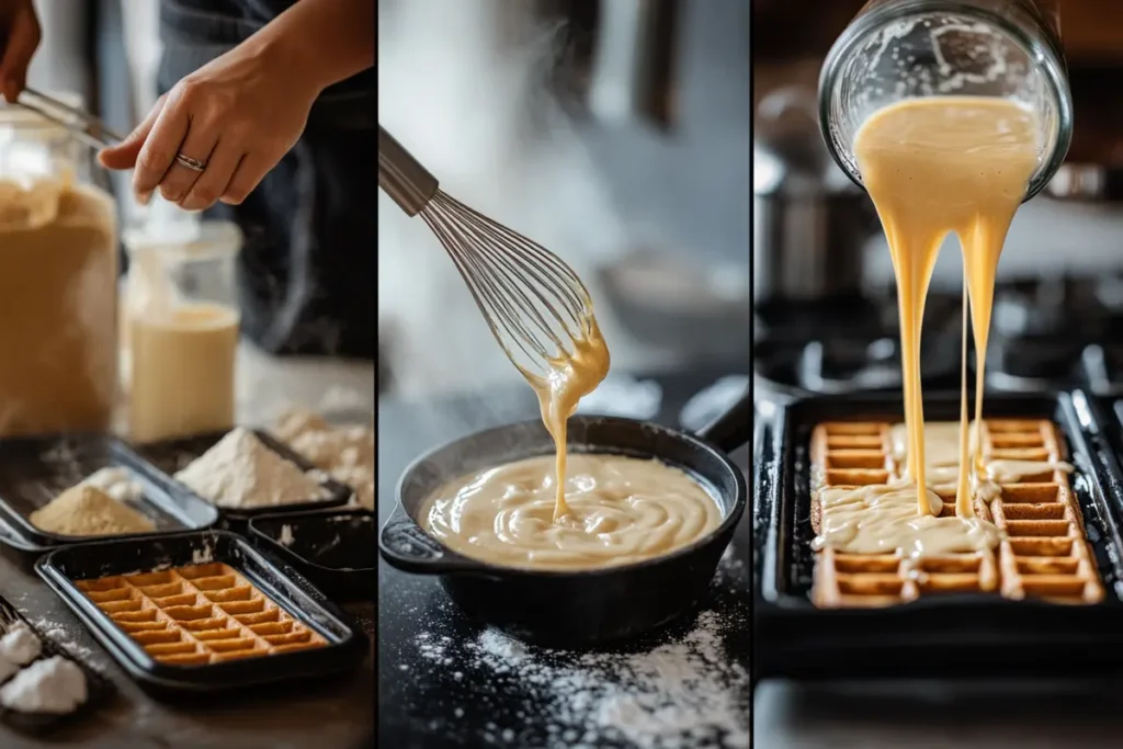 A step-by-step collage of making waffle sticks, featuring a baker preparing ingredients, whisking smooth batter, and pouring it into a waffle iron for cooking.