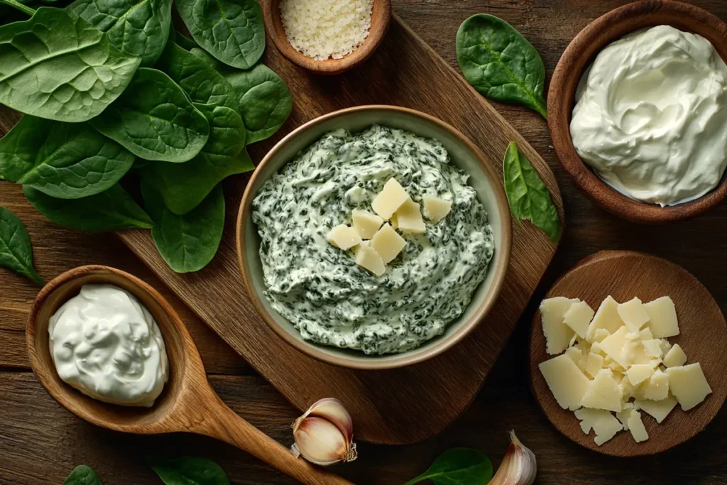 Fresh spinach, creamy sour cream, grated Parmesan cheese, and garlic displayed with a bowl of spinach dip, showcasing the essential ingredients for preparing spinach dip.