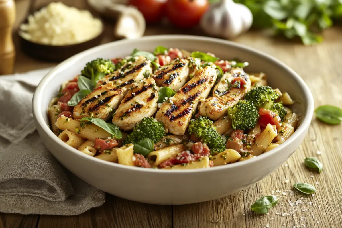 A healthy bowl of chicken broccoli ziti with grilled chicken breast, fresh broccoli, whole wheat ziti, and a light tomato-based sauce. The dish is garnished with basil and Parmesan, served on a rustic wooden table with fresh ingredients in the background. Answering the question: Is chicken broccoli ziti healthy? with a nutritious and delicious presentation.