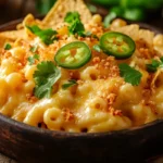 A bowl of Mexican mac and cheese topped with melted cheese, crispy breadcrumbs, sliced jalapeños, and fresh cilantro, garnished with tortilla chips in a rustic wooden bowl.