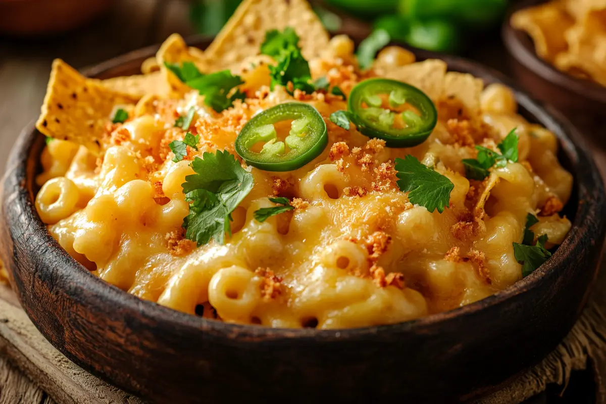 A bowl of Mexican mac and cheese topped with melted cheese, crispy breadcrumbs, sliced jalapeños, and fresh cilantro, garnished with tortilla chips in a rustic wooden bowl.