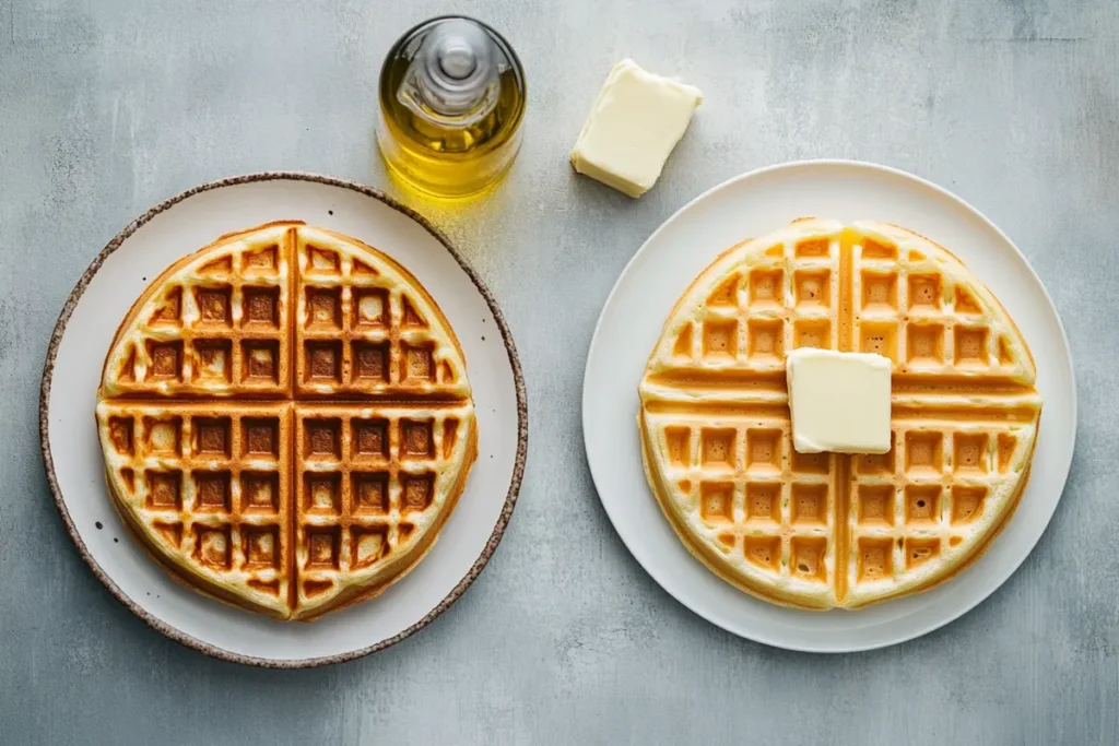 A side-by-side comparison of two waffles: one golden and crispy, the other pale and soft, highlighting the impact of fat content in the batter. A bottle of oil and a stick of butter are placed nearby as key ingredients for crispiness. This visual helps answer the question: Why aren't my waffles crispy?.