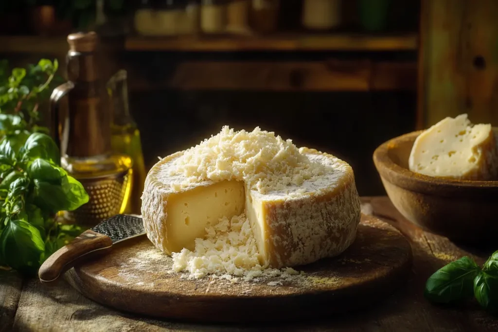 Aged Parmesan cheese wheel with a rustic rind, partially cut to reveal its crumbly texture, sitting on a wooden board. Freshly grated Parmesan cheese is sprinkled on top, surrounded by a cheese grater, basil leaves, and a bottle of olive oil in a cozy, warm-lit Italian kitchen—perfect for enhancing a delicious plate of broccoli ziti and chicken.