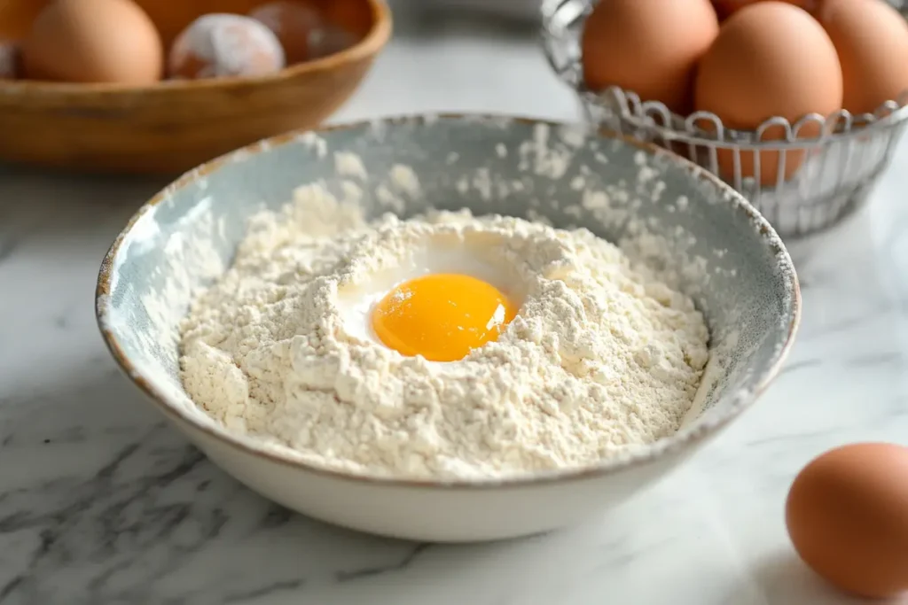 What is the secret to baking with almond flour? An egg yolk in a well of almond flour, surrounded by more eggs.