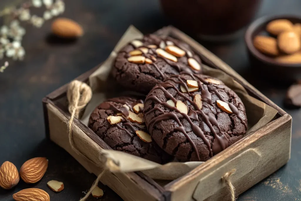 Rustic Almond Flour Chocolate Cookies with Drizzle in a Wooden Box