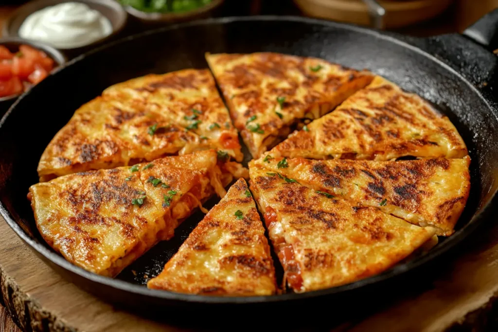 What to make with Mexican style cheese? A sizzling skillet of golden-brown, crispy quesadillas filled with melted cheese and tomatoes, garnished with fresh cilantro, served with sides of sour cream and salsa on a rustic wooden table.