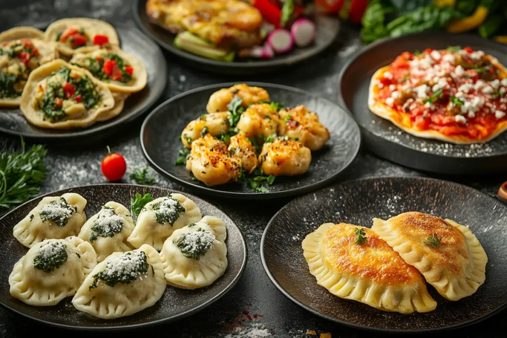 An assortment of modern pierogi variations, including spinach and feta, caramelized onion, and pizza-inspired flavors, showcasing what are the most popular pierogi flavors? in contemporary culinary adaptations.