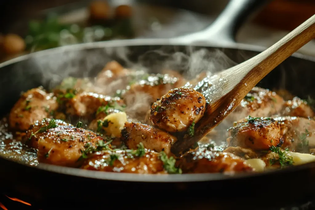 Golden-brown chicken pieces sizzling in a cast-iron skillet, sautéed with garlic, butter, and fresh herbs. Steam rises as a wooden spatula stirs the pan, enhancing the flavors for a perfect pairing with broccoli ziti and chicken in a rich, savory dish."