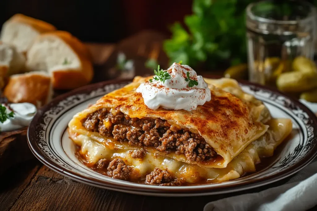 Golden savory meat pierogi stuffed with seasoned beef, topped with sour cream and herbs, perfectly representing what are the most popular pierogi flavors? in hearty meals.