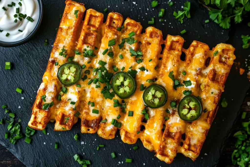 Crispy savory waffle sticks topped with melted cheddar cheese, sliced jalapeños, and fresh chopped herbs, served on a black slate platter with a side of sour cream.