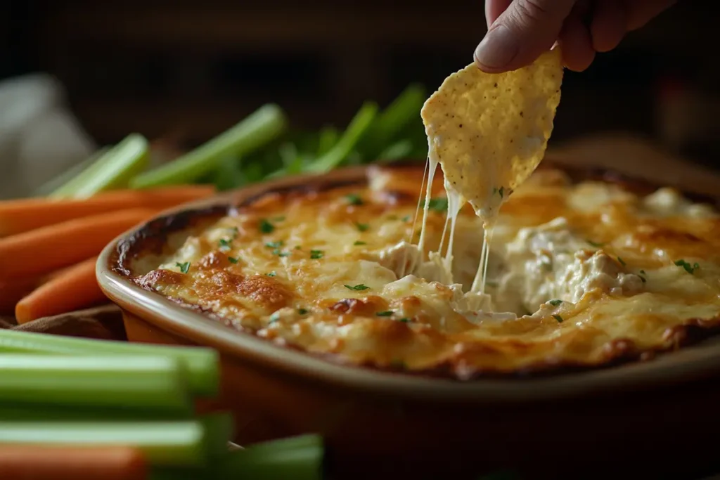 A close-up of a creamy and cheesy cottage cheese buffalo chicken dip, with a hand dipping a tortilla chip into the golden, bubbling dish, surrounded by fresh celery and carrot sticks.