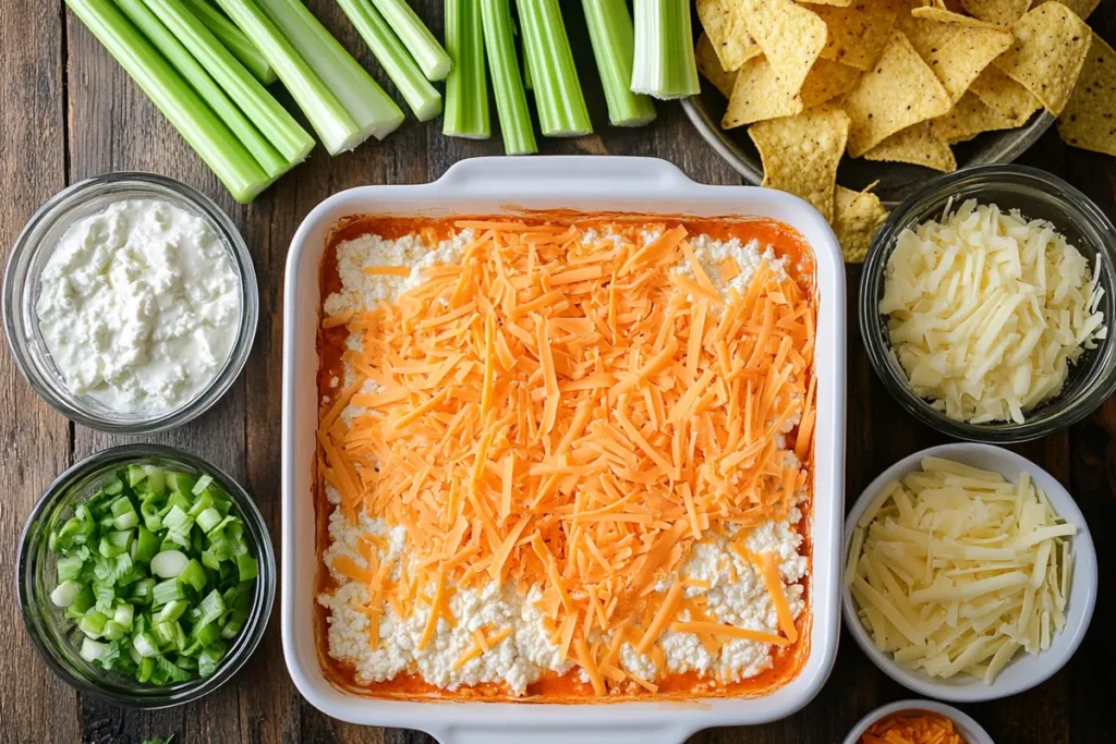 Step-by-step preparation of cottage cheese buffalo chicken dip, featuring a baking dish layered with buffalo sauce, cottage cheese, and shredded cheddar cheese, surrounded by fresh celery, tortilla chips, and additional ingredients on a rustic wooden table.