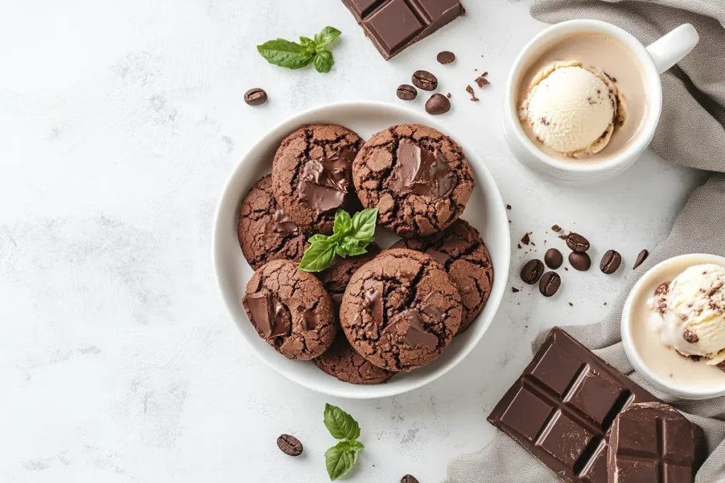 Almond Flour Chocolate Cookies presented with coffe, chocolate and ice cream.