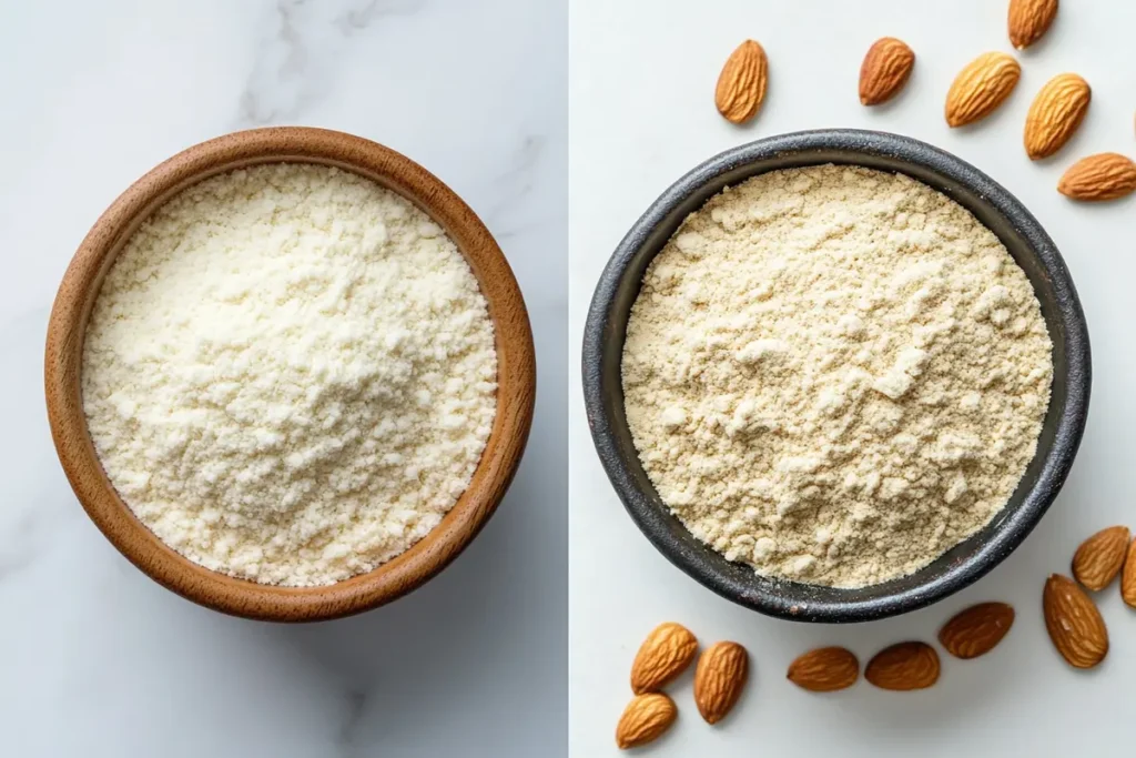 Side-by-side image of almond flour and almond meal in bowls, illustrating that: Can almond flour be used for baking cookies?" and what the differences are.