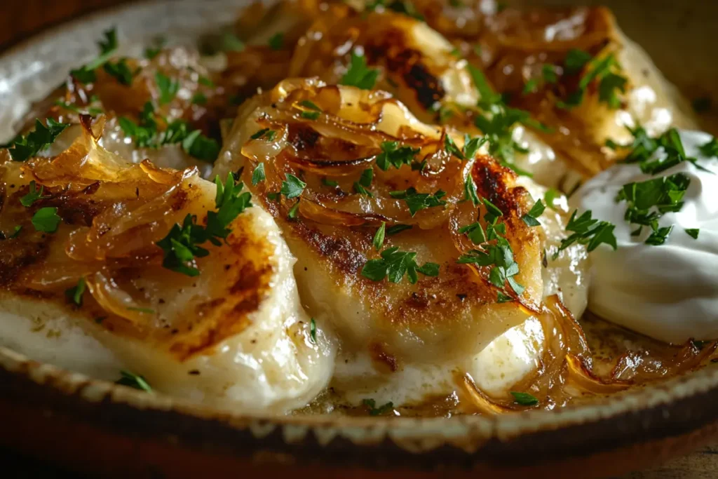 Classic potato and cheese pierogi topped with caramelized onions and parsley, showcasing what are the most popular pierogi flavors? in traditional Polish cuisine.