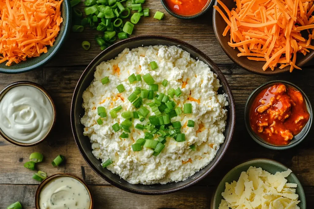 A flat-lay of the essential ingredients for cottage cheese buffalo chicken dip, featuring a bowl of cottage cheese topped with green onions, shredded cheddar cheese, buffalo sauce, and ranch dressing, arranged on a rustic wooden table.