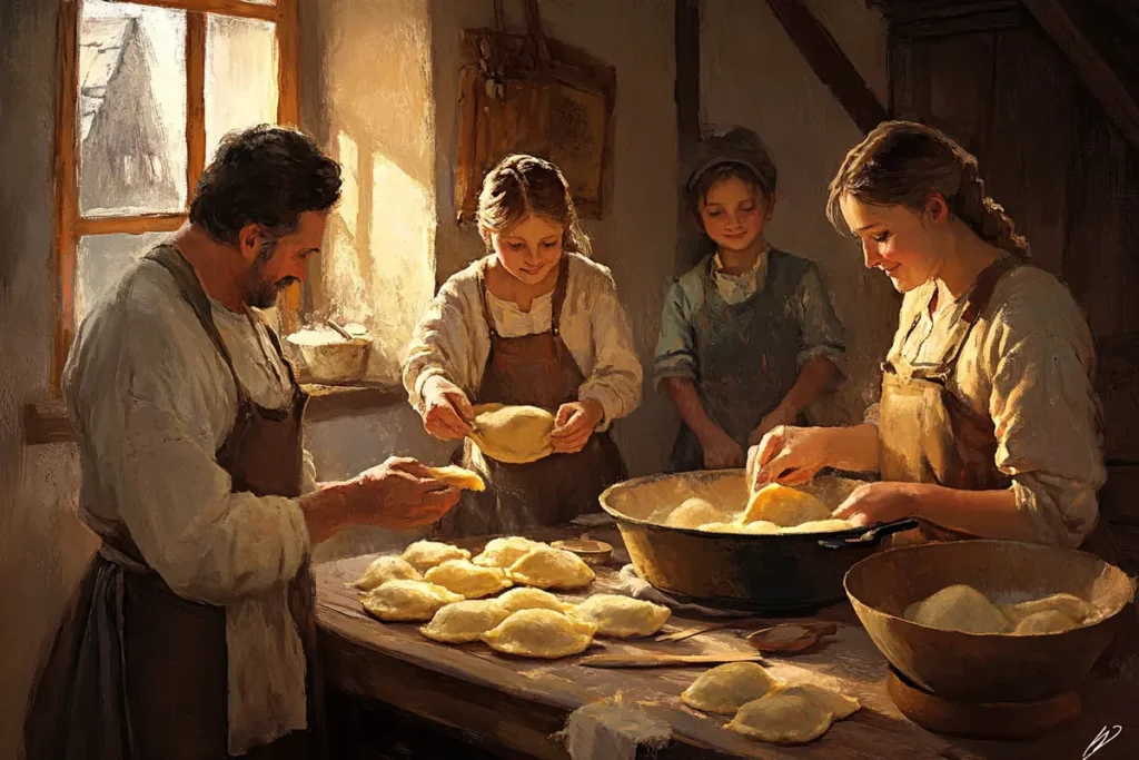 A heartwarming depiction of a family making pierogi together in a rustic kitchen, capturing the essence of what are the most popular pierogi flavors? and their cultural significance.