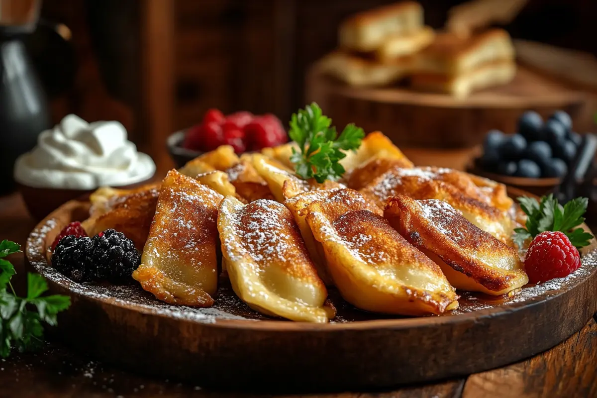 A plate of golden-brown pierogi dusted with powdered sugar, garnished with fresh berries and parsley, illustrating what are the most popular pierogi flavors?, with a bowl of sour cream in the background.