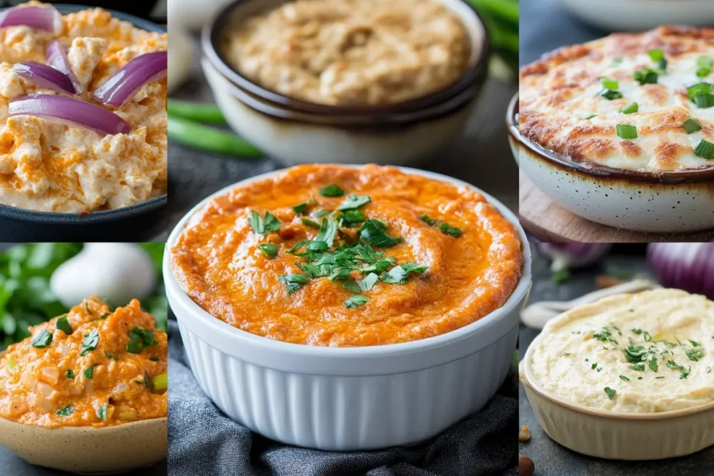 A colorful collage of various creamy dips in bowls, ranging from red pepper to hummus, representing the wonderful world of dips beyond Costco's spinach artichoke dip, and prompting the question: Can I Heat Up Spinach Artichoke Dip From Costco? if I want something different!