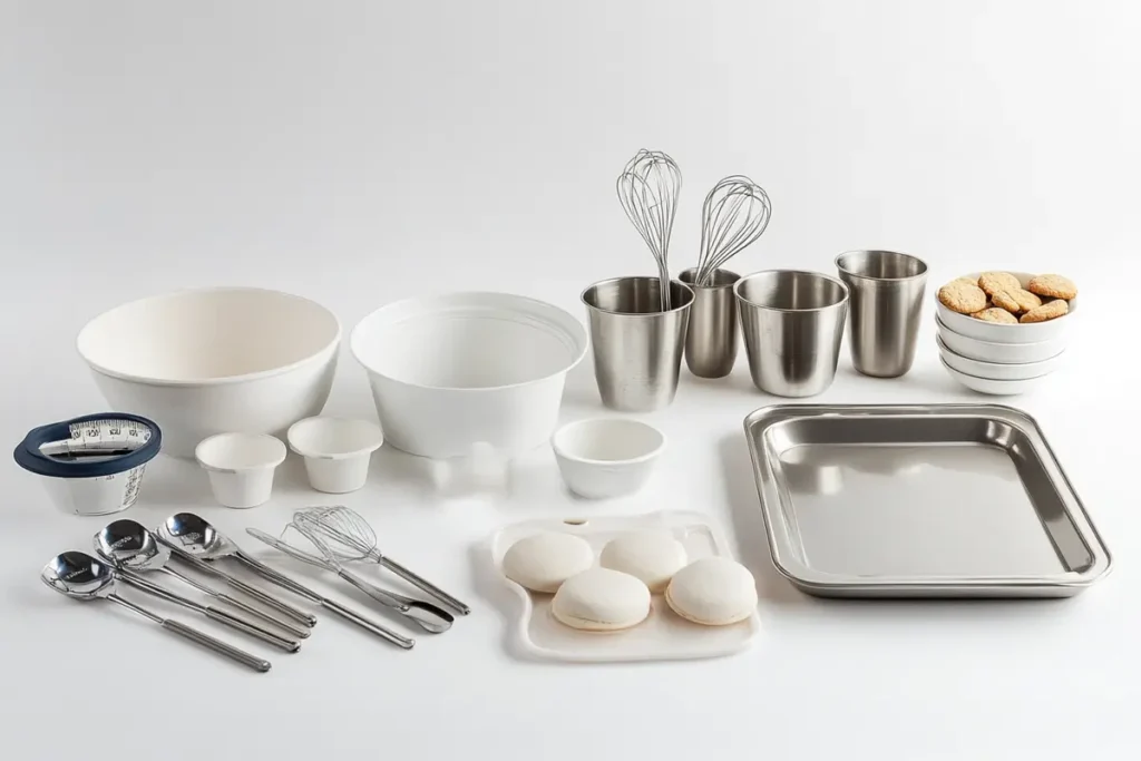 Essential baking tools for Almond Flour Chocolate Cookies: bowls, whisks, measuring spoons, baking sheet