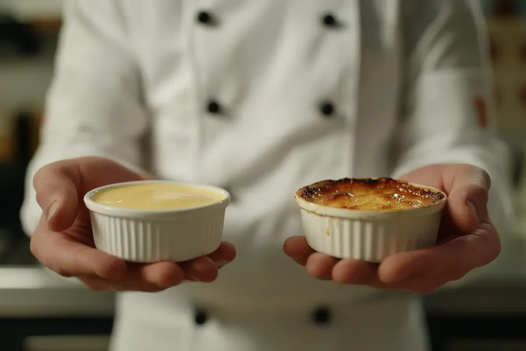 How is panna cotta different from crème brûlée? A chef displays the custard bases of both desserts before the crème brûlée is torched.