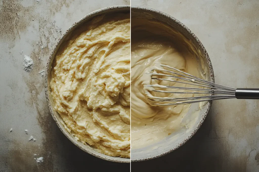 Cream cheese mixture for homemade spinach artichoke dip before (left) and after (right) whisking, showing preparation steps related to the question Can I Heat Up Spinach Artichoke Dip From Costco? after it's made