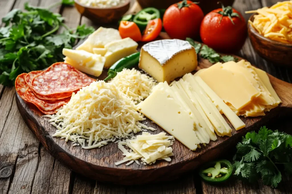 What to make with Mexican style cheese? A beautifully arranged wooden board featuring various types of Mexican style cheese, including shredded cheddar, sliced Monterey Jack, crumbled queso fresco, and creamy Oaxaca cheese, accompanied by fresh tomatoes, jalapeños, and cilantro on a rustic wooden table.