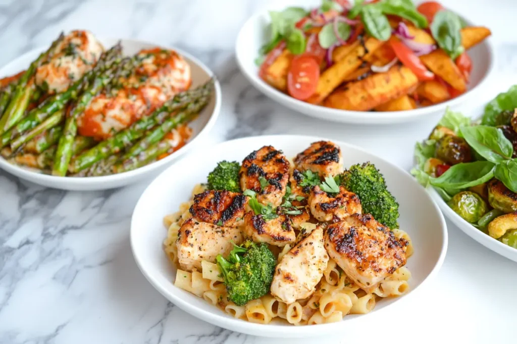 Creative what to serve with chicken ziti broccoli? meal ideas: Three plating arrangements showcasing complementary side dishes.