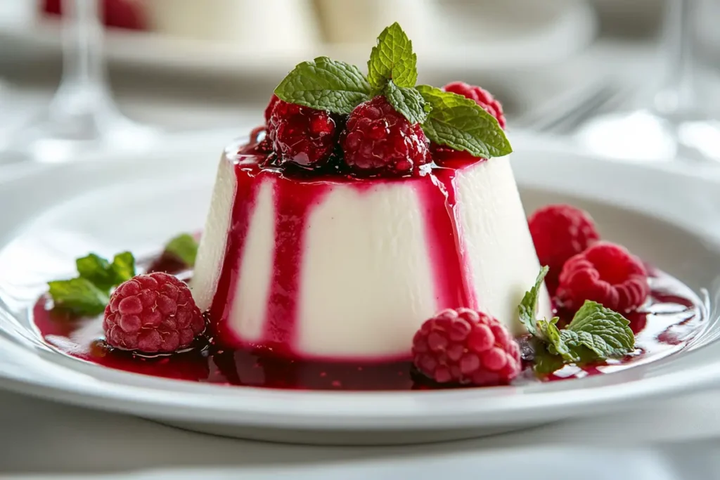 How is panna cotta different from crème brûlée? This is Panna cotta with raspberry sauce and fresh mint.