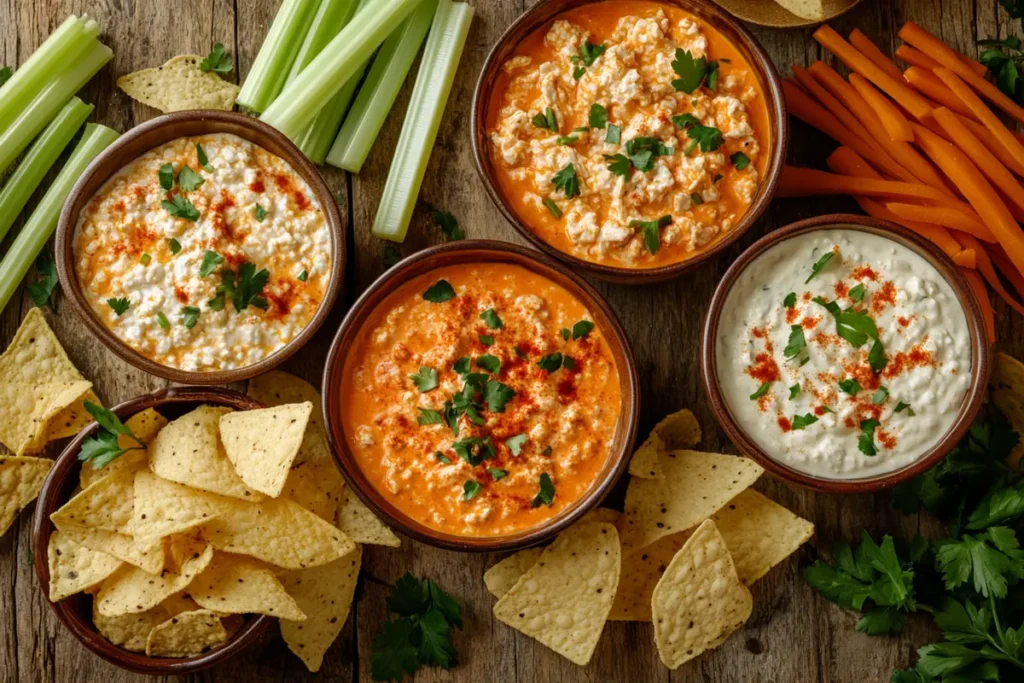 A variety of cottage cheese buffalo chicken dip variations served in bowls, including spicy, creamy, and vegetarian options, surrounded by tortilla chips, celery sticks, and carrot sticks on a rustic wooden table.