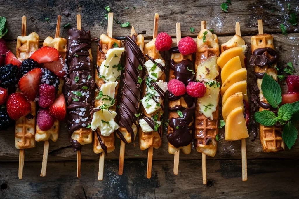 A variety of waffle sticks on wooden skewers, topped with fresh fruits, melted chocolate, butter curls, and mint leaves, arranged on a rustic wooden surface.