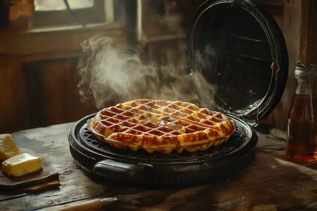 A freshly cooked golden-brown waffle inside a hot, open waffle iron, steam rising as butter melts on top. The rustic kitchen setting highlights the importance of preheating for crispy waffles. A perfect visual representation of the question: Why aren't my waffles crispy?.