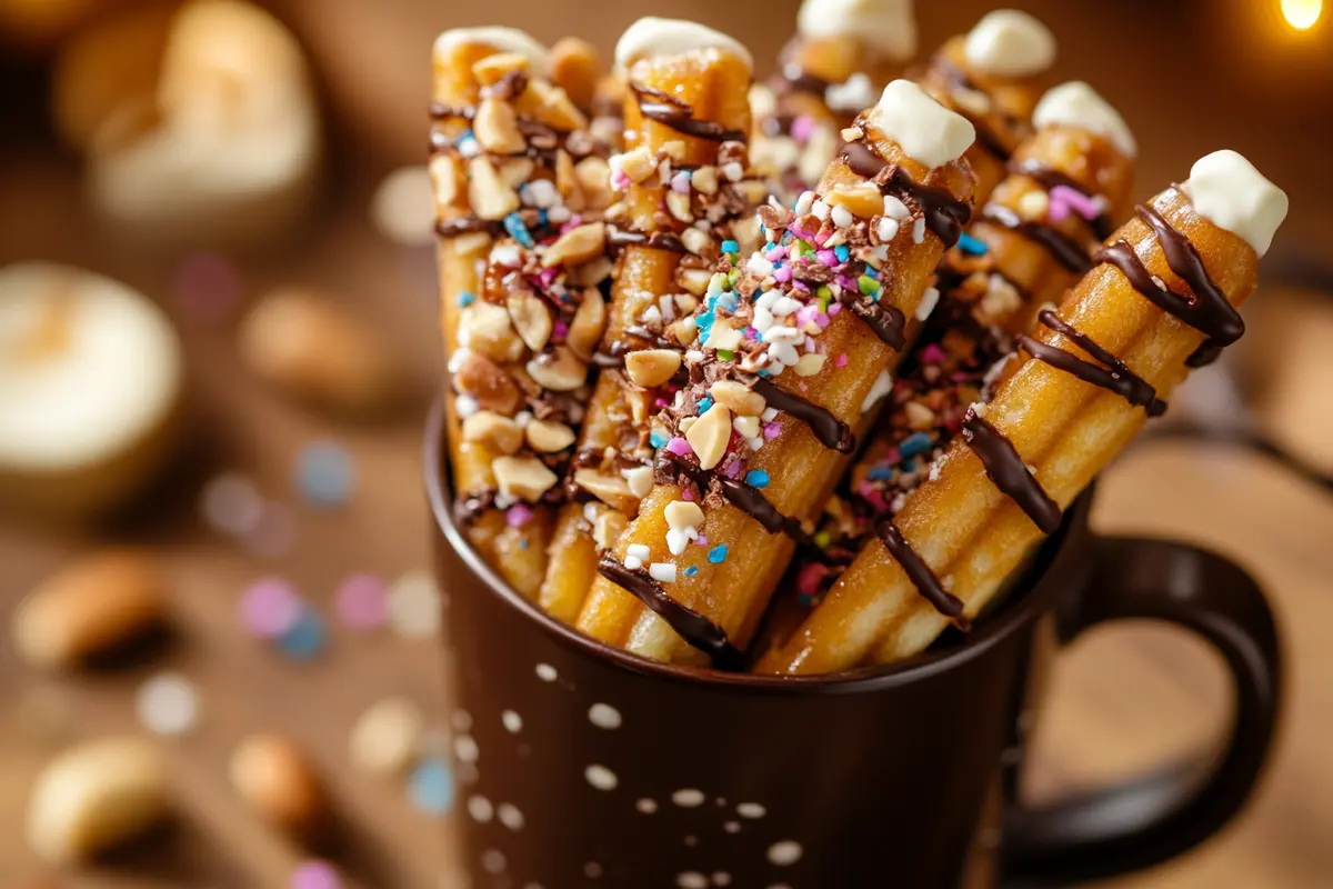 Golden-brown waffle sticks drizzled with chocolate and topped with chopped nuts and colorful sprinkles, served in a dark brown mug.