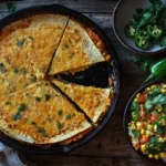 What to make with Mexican style cheese? A cheesy, golden-brown quesadilla in a cast iron skillet, garnished with fresh cilantro, served with a vibrant Mexican street corn salad featuring jalapeños and tomatoes on a rustic wooden table.