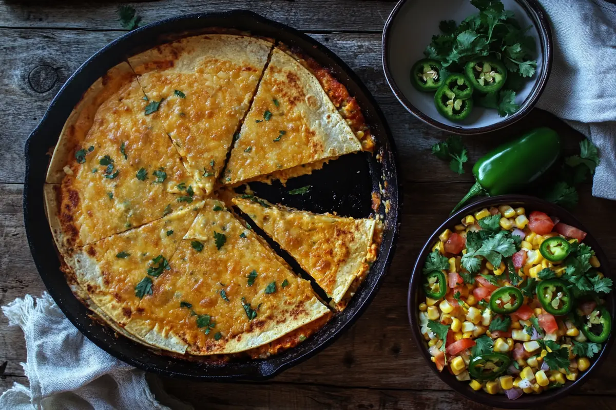 What to make with Mexican style cheese? A cheesy, golden-brown quesadilla in a cast iron skillet, garnished with fresh cilantro, served with a vibrant Mexican street corn salad featuring jalapeños and tomatoes on a rustic wooden table.