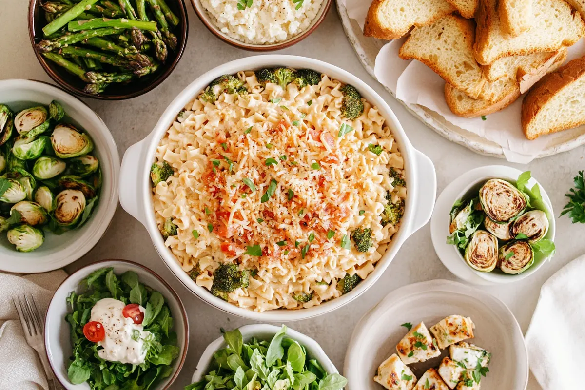 Deciding what to serve with chicken ziti broccoli?: a delicious meal with asparagus, Brussels sprouts, bread, and salads.