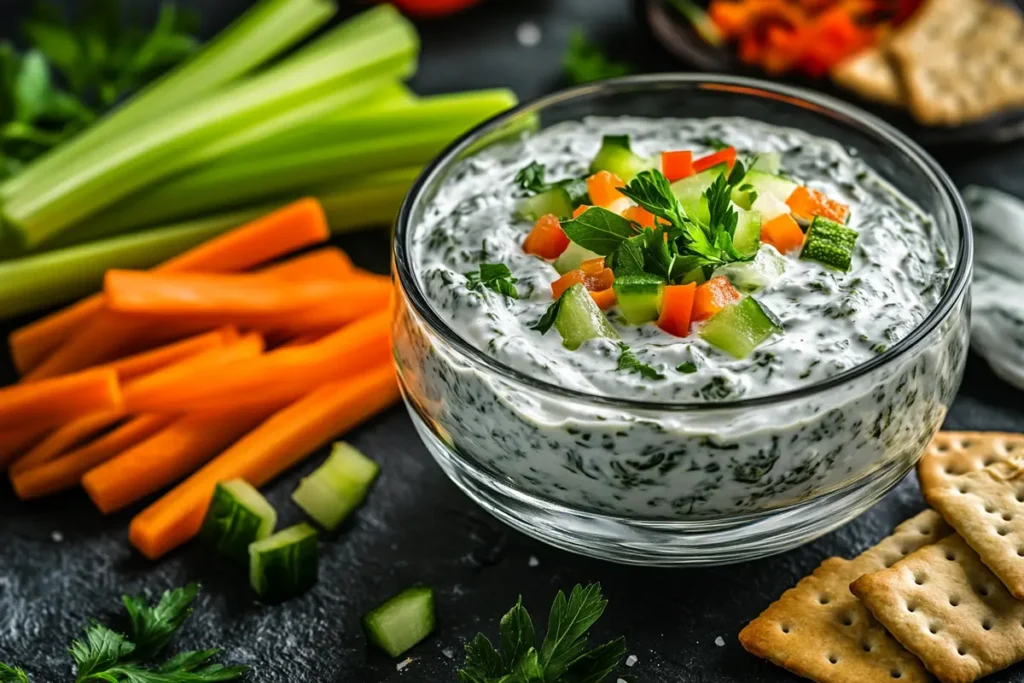 Is spinach dip supposed to be heated up? A refreshing cold spinach dip garnished with diced vegetables, served alongside fresh celery, carrots, and crackers, ideal for light appetizers.