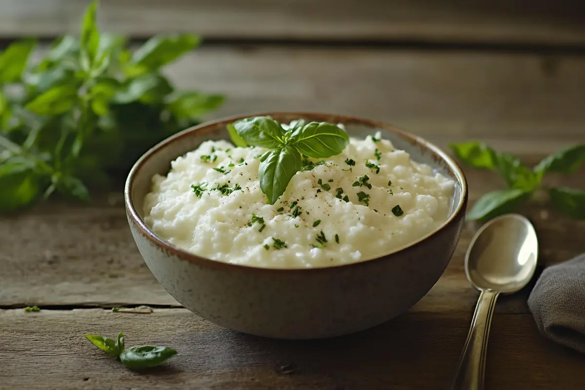 A rustic bowl of cottage cheese garnished with fresh basil and chopped herbs, placed on a wooden table with a spoon beside it, illustrating the concept of Will cottage cheese melt in a sauce? with its creamy texture.