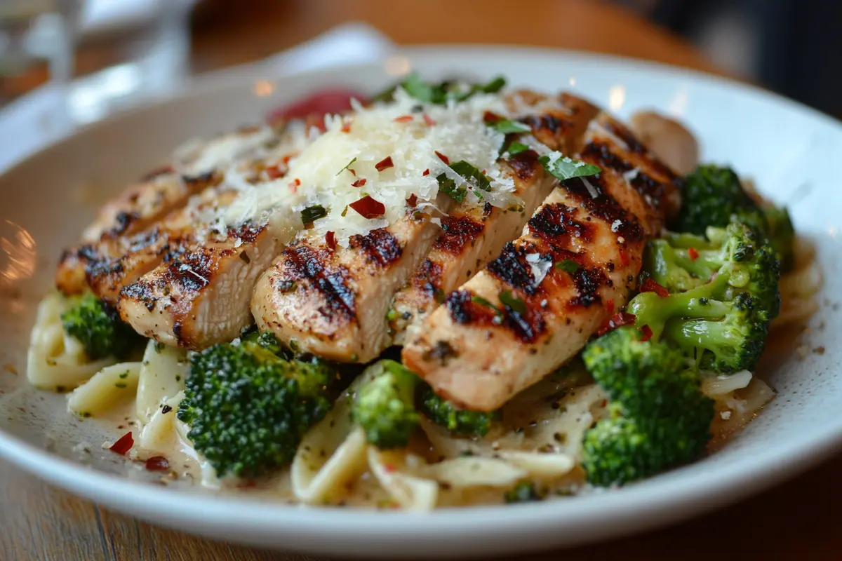 A close-up of a plated dish featuring broccoli ziti and chicken, with grilled chicken breast slices having a golden-brown sear, served over ziti pasta with vibrant green broccoli florets, garnished with grated parmesan, red pepper flakes, and fresh herbs.