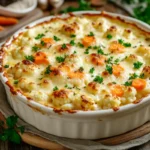 Delicious cauliflower and carrot bake in a white ceramic dish, topped with melted cheese and fresh parsley, served on a rustic wooden table.