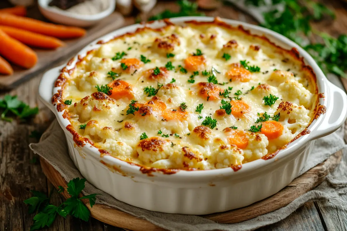 Delicious cauliflower and carrot bake in a white ceramic dish, topped with melted cheese and fresh parsley, served on a rustic wooden table.