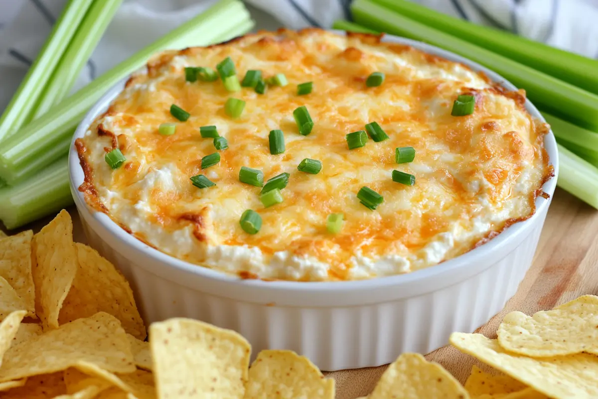 A close-up view of cottage cheese buffalo chicken dip in a white baking dish, topped with melted cheddar cheese and fresh green onions, surrounded by tortilla chips and celery sticks.