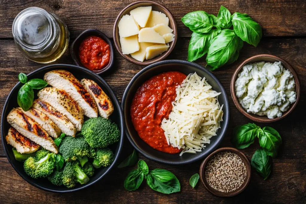 Fresh and healthy ingredients for chicken broccoli ziti, including grilled chicken breast, steamed broccoli, tomato sauce, shredded cheese, ricotta, basil, and spices, arranged on a rustic wooden table. Answering the question: Is chicken broccoli ziti healthy? with a focus on nutritious, wholesome components.