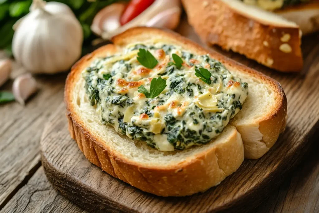 Toast topped with creamy spinach artichoke dip, garnished with parsley, sitting on a wooden board, illustrating Can I Heat Up Spinach Artichoke Dip From Costco? serving suggestions